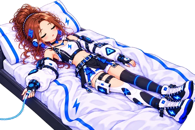 Asleep on a bed with a glowing cable in her hand.