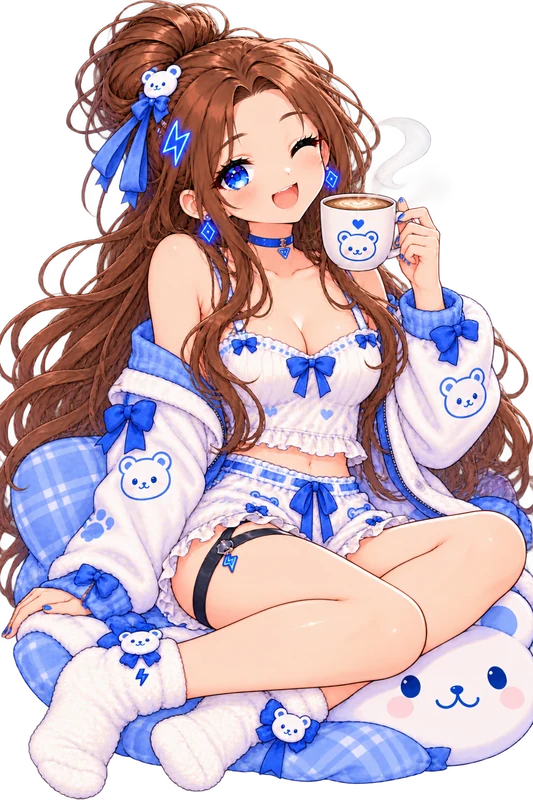 Tiny: Cozy in pajamas with a warm latte.