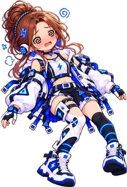 Tiny: Spiral eyes and stars around her head.