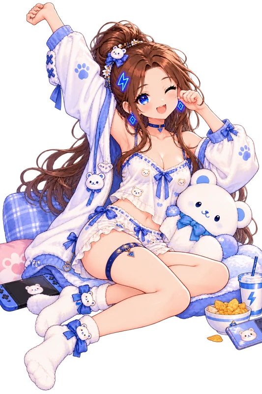 Tiny: Stretching awake in fluffy pajamas beside a teddy bear.