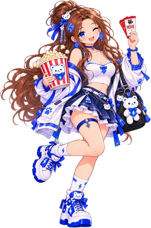 Tiny: Popcorn and movie tickets in hand.