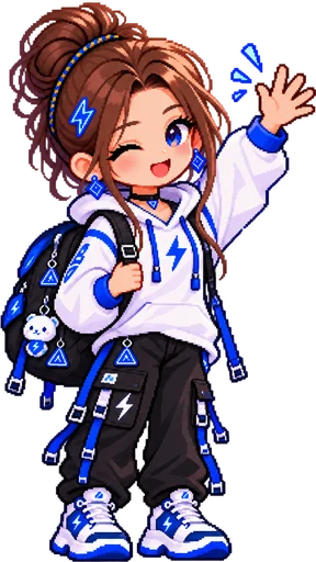 Tiny: One hand raised in a friendly wave.
