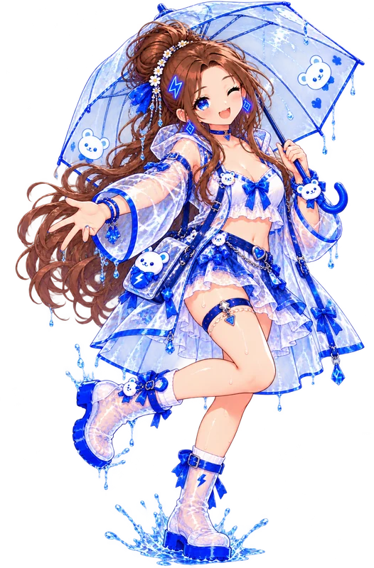Tiny: A clear umbrella and raincoat, splashing in a puddle.