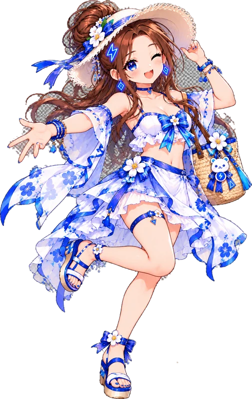 Tiny: Straw hat, floral wrap skirt and a beach bag, with a wink.