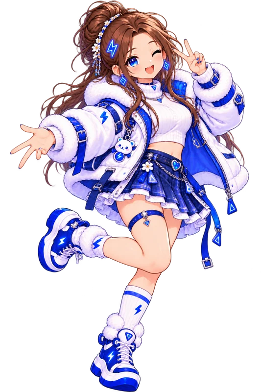 Tiny: A fluffy white jacket and platform boots, with a peace sign.