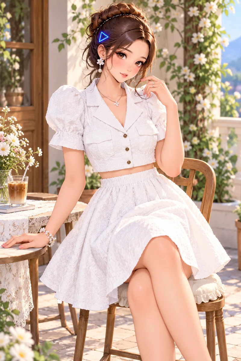 White textured crop jacket and flared skirt, iced coffee nearby.