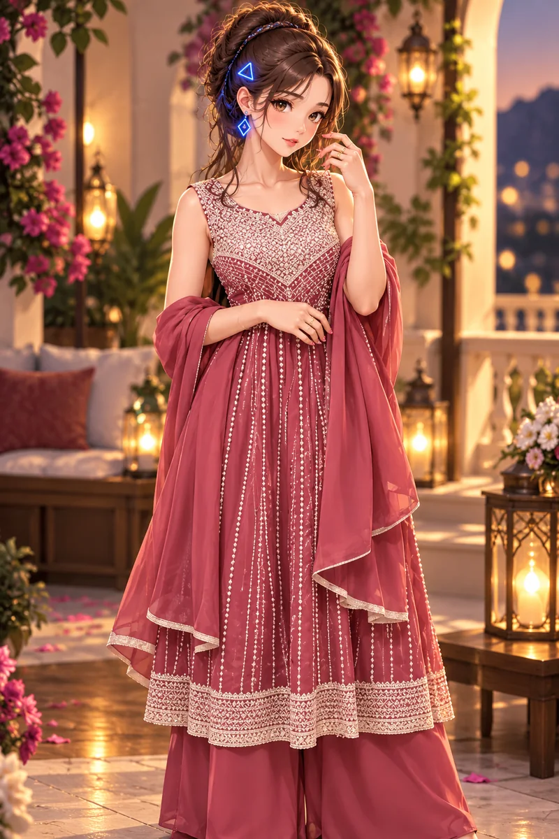 Rose-pink embroidered anarkali suit with dupatta and palazzo pants among lanterns.
