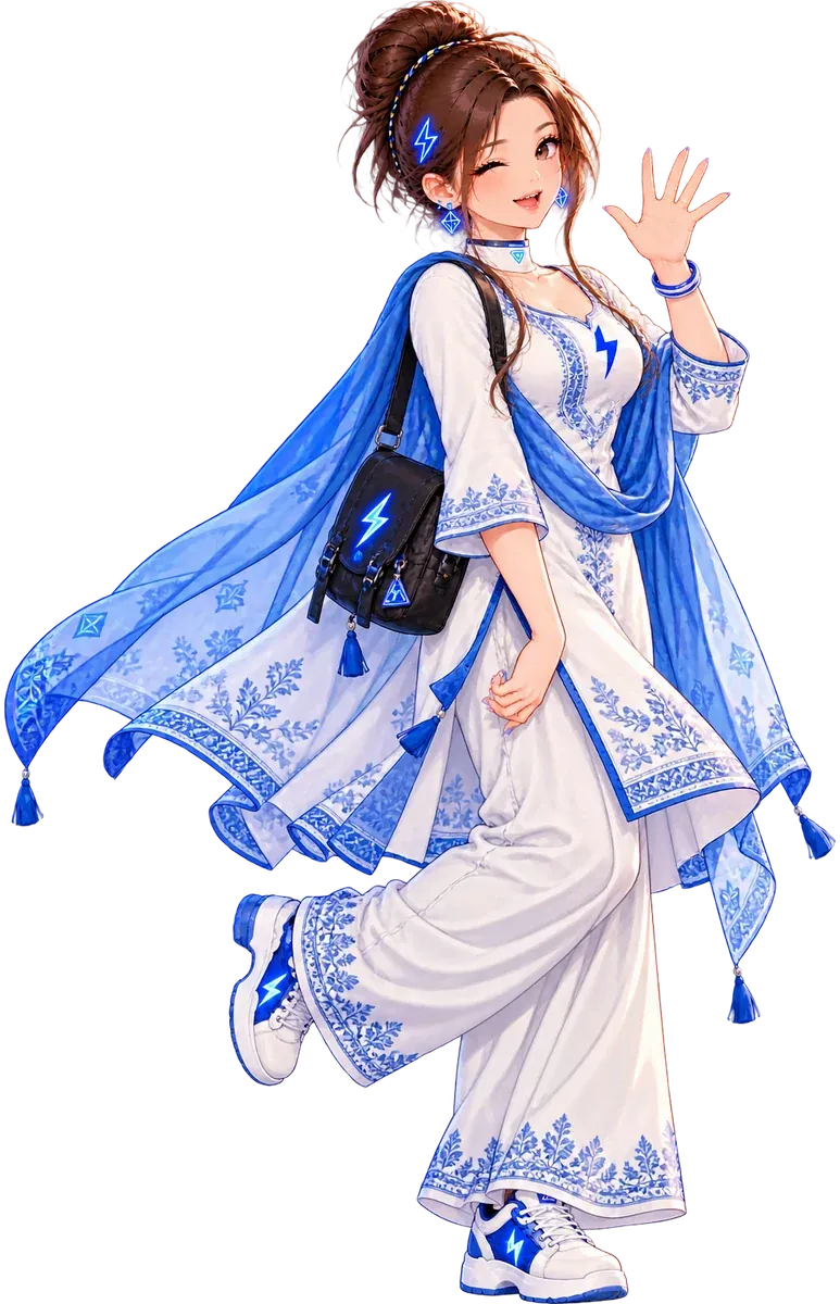 Tiny in white and blue embroidered outfit with a dupatta.