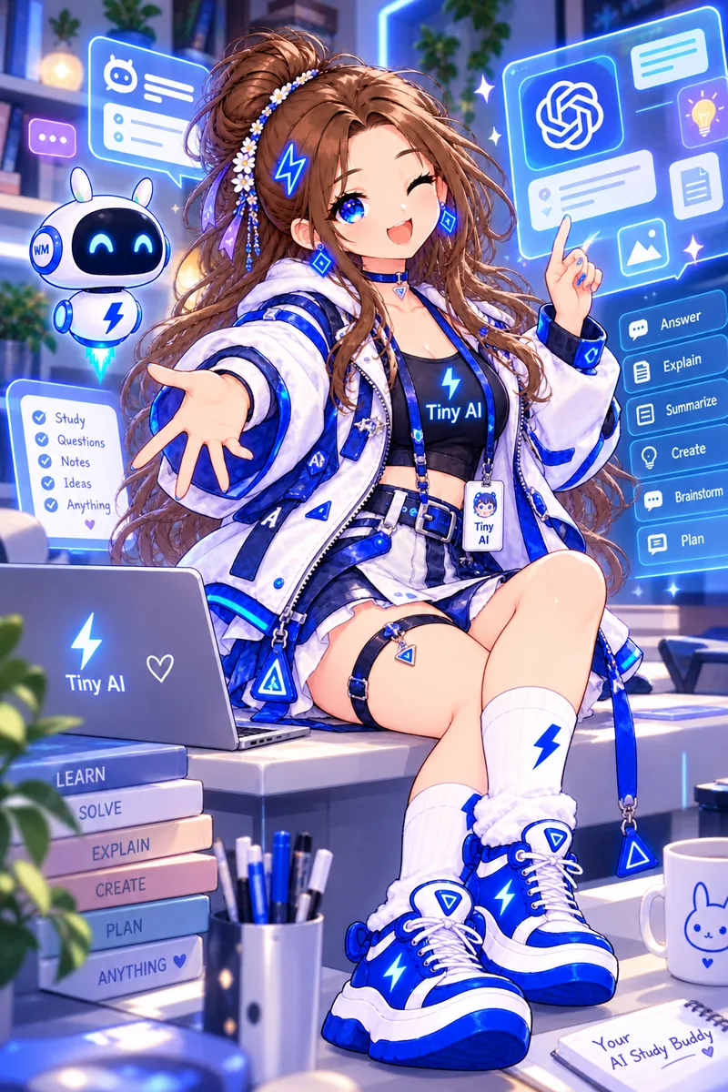 Tiny reaching toward you beside holograms of a chat window