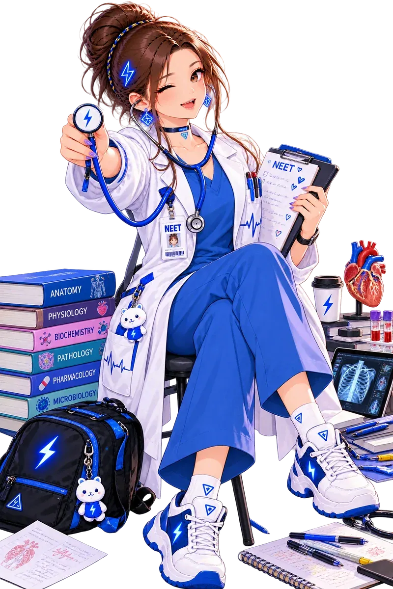 White coat with a stethoscope and clipboard, among medical books.
