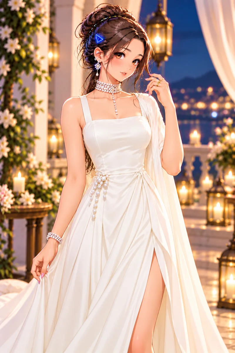 Tiny in white evening gown with a pearl choker and bracelet on a lantern-lit terrace.