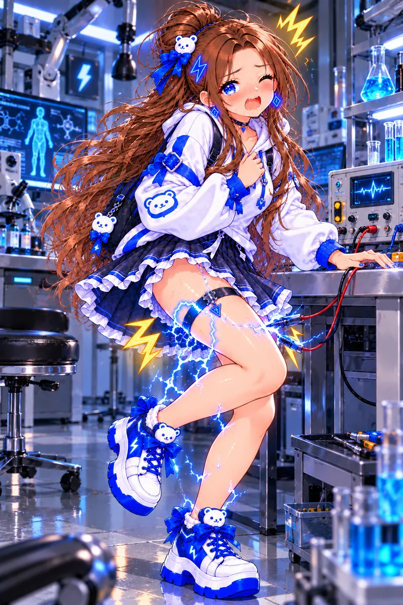Tiny in a lab, startled by a blue electric shock running from the garter on her leg