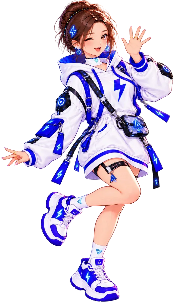 Tiny in white jacket with lightning-bolt details.