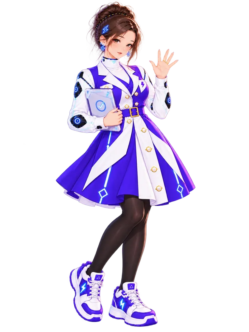 Tiny in her signature purple uniform, holding a tablet and waving